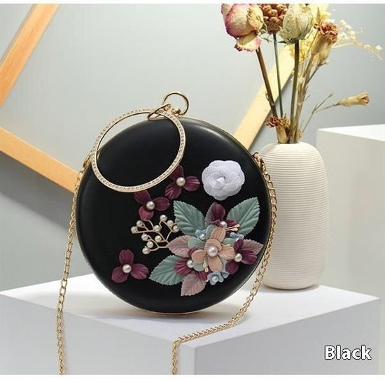 Cross-border Flower Dinner Stylish Round Banquet Handbag $49.82 Dana Fashion Color: Black Women's Bags Product information: Lining texture: Satin Pattern: Flowers Color: white, black, light green, pink Outer bag type: Three-dimensional pocket Material: Me