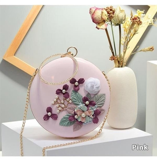 Cross-border Flower Dinner Stylish Round Banquet Handbag $49.82 Dana Fashion Color: Pink Women's Bags Product information: Lining texture: Satin Pattern: Flowers Color: white, black, light green, pink Outer bag type: Three-dimensional pocket Material: Met