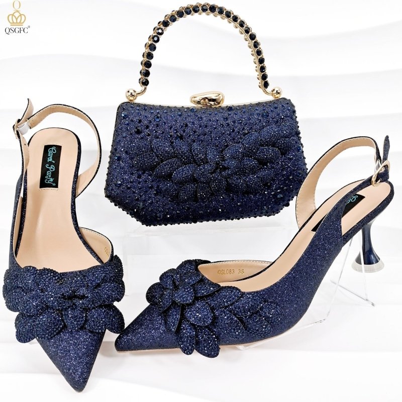 Cross-border Ladies Party Shoes Bag Set Handmade Leaf Decorative Wine Glass Heel $167.70 Dana Fashion Color: Dark Blue Size: 38 Women's Bags Product information: Pattern: Dots Lining material: Microfiber Color: Silver, sky blue, orange red, dark blue, win