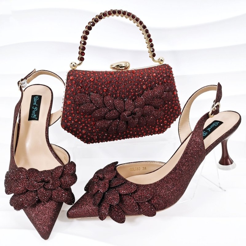 Cross-border Ladies Party Shoes Bag Set Handmade Leaf Decorative Wine Glass Heel $167.70 Dana Fashion Color: Wine Red Size: 38 Women's Bags Product information: Pattern: Dots Lining material: Microfiber Color: Silver, sky blue, orange red, dark blue, wine