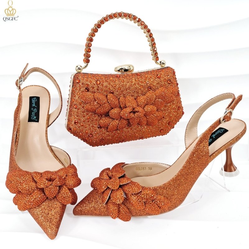 Cross-border Ladies Party Shoes Bag Set Handmade Leaf Decorative Wine Glass Heel $167.70 Dana Fashion Color: Orange Red Size: 38 Women's Bags Product information: Pattern: Dots Lining material: Microfiber Color: Silver, sky blue, orange red, dark blue, wi