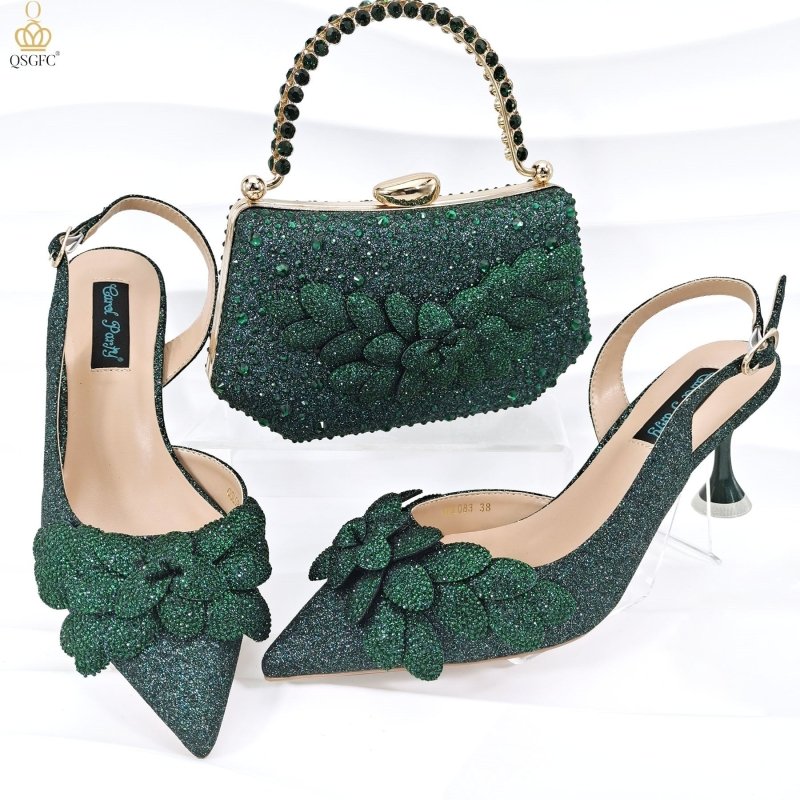 Cross-border Ladies Party Shoes Bag Set Handmade Leaf Decorative Wine Glass Heel $167.70 Dana Fashion Color: Dark Green Size: 38 Women's Bags Product information: Pattern: Dots Lining material: Microfiber Color: Silver, sky blue, orange red, dark blue, wi