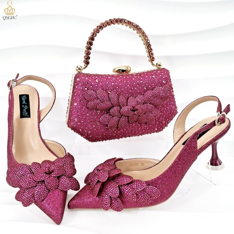Cross-border Ladies Party Shoes Bag Set Handmade Leaf Decorative Wine Glass Heel $167.70 Dana Fashion Color: Rose Red Size: 38 Women's Bags Product information: Pattern: Dots Lining material: Microfiber Color: Silver, sky blue, orange red, dark blue, wine
