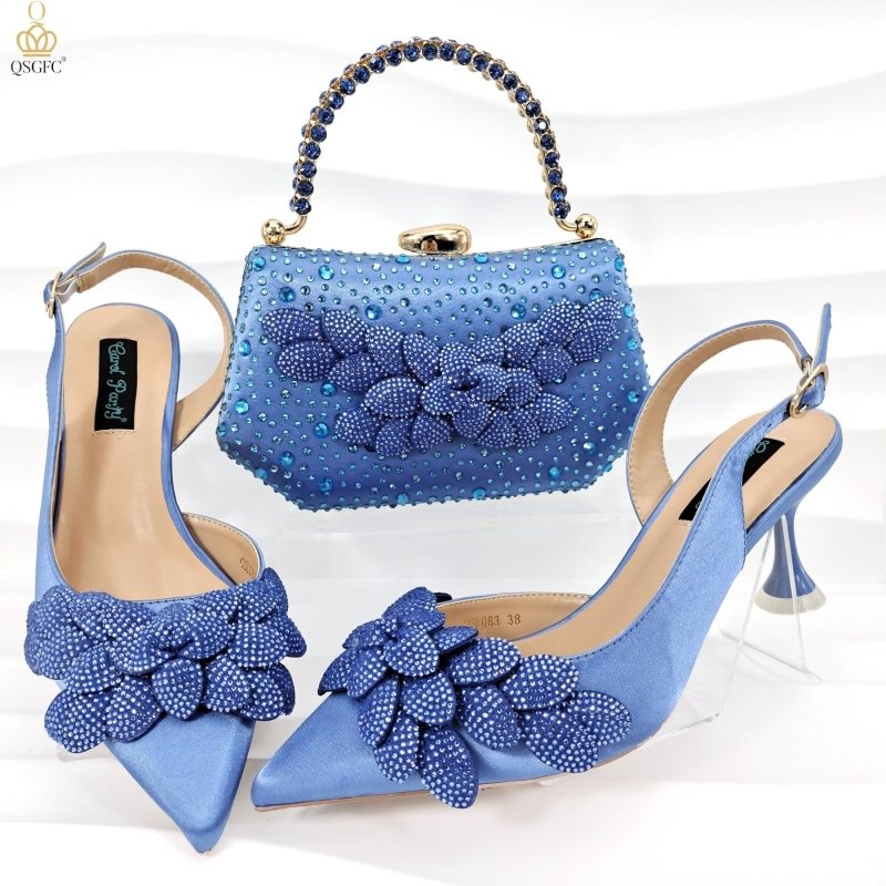 Cross-border Ladies Party Shoes Bag Set Handmade Leaf Decorative Wine Glass Heel $167.70 Dana Fashion Color: Sky Blue Size: 38 Women's Bags Product information: Pattern: Dots Lining material: Microfiber Color: Silver, sky blue, orange red, dark blue, wine