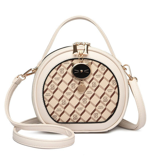Crossbody Portable Printed Small Round Bag Soft Leather $44.52 Dana Fashion Color: Bear White Women's shoes Product information: Applicable scenarios: Daily matching Color: TMK Brown, rhombus White, bear White, Diamond Blue, MX Brown Material: PU Style: U