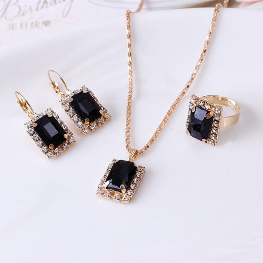 Crystal bridal necklace earring ring three piece set $25.00 Dana Fashion Color: Black Women's Accessories Setting material: alloy inlaid artificial gems / semi-precious stones Circumference 51cm (inclusive)-80cm (inclusive) Extension chain below 10cm Pend