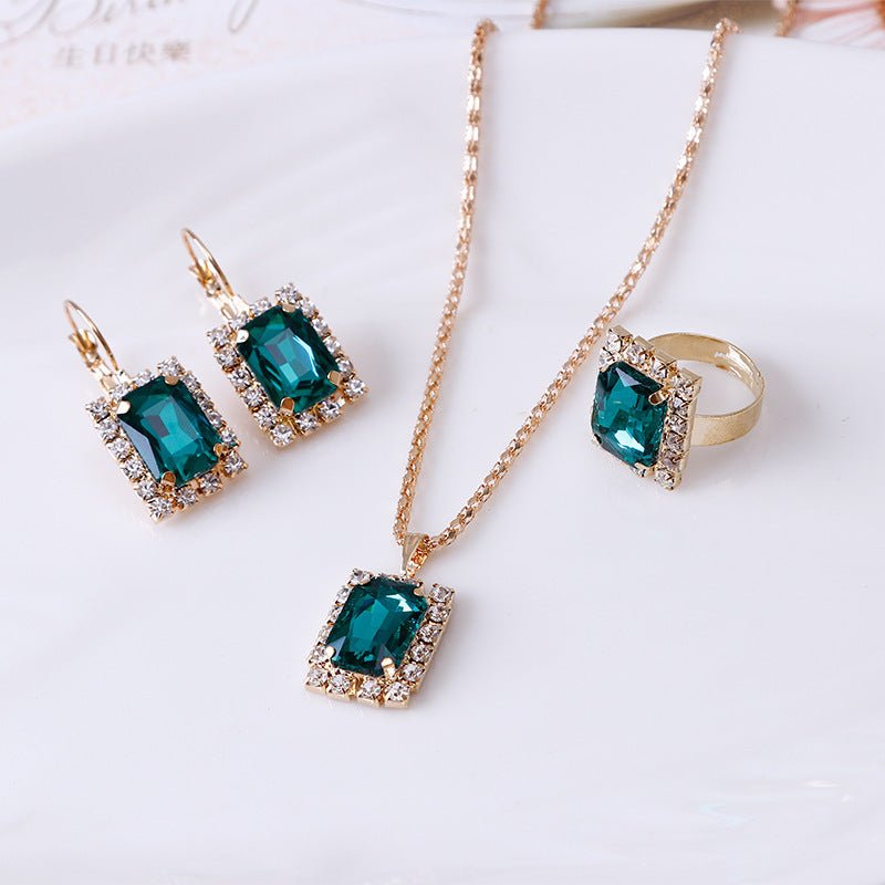 Crystal bridal necklace earring ring three piece set $25.00 Dana Fashion Color: Lake blue Women's Accessories Setting material: alloy inlaid artificial gems / semi-precious stones Circumference 51cm (inclusive)-80cm (inclusive) Extension chain below 10cm