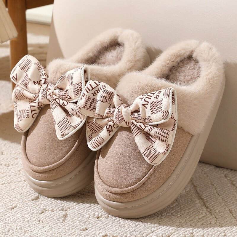 Cute Bowknot Plush Slipper Winter Warm Indoor Floor Bedroom Home Slippers For Women Fashion Thick-soled Solid House Shoes $39.50 Dana Fashion Color: Bow khaki Size: 36to37 Women's shoes Product information: Shoe upper material: Suede Sole Material: Rubber