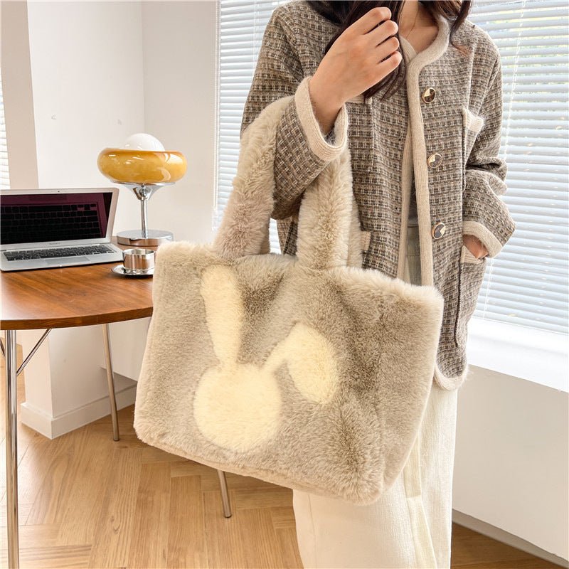 Cute Cartoon Rabbit Ears Plush Bag Autumn And Winter Shoulder Bag Shopping Handbags Large Capacity Personalized Tote Bags For Women $39.98 Dana Fashion Color: Light Grey Women's Bags Product information: Material: plush Style: fashionable and simple Featu