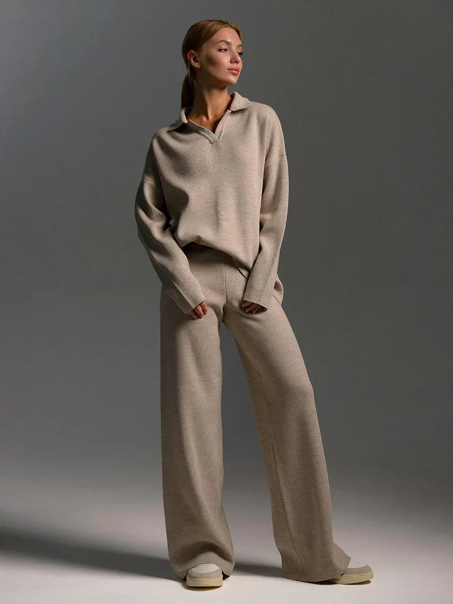 Women's Sweatshirt Suit Casual Collared Long-Sleeved Pullover Top And Loose Straight-Leg Pants Fashion Sport Trousers Set - DanaFashionstore