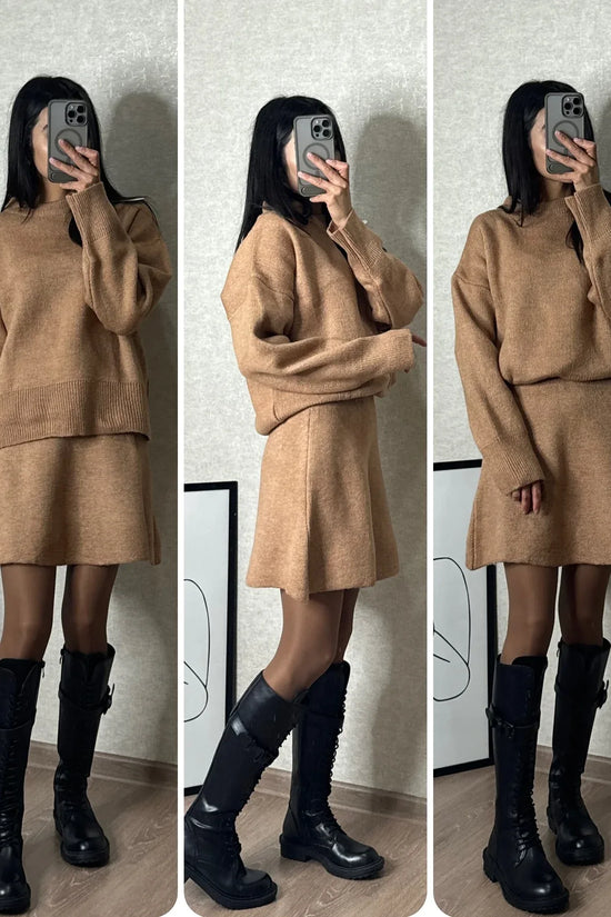 Sweater Skirt Sets For Women 2 Pieces Knit Casual Versatile Long Sleeve Pullover Elegant Solid High Waist Mini Skirt Outfit - DanaFashionstore