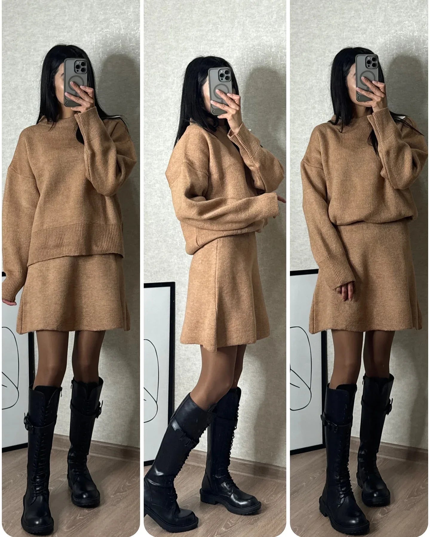 Sweater Skirt Sets For Women 2 Pieces Knit Casual Versatile Long Sleeve Pullover Elegant Solid High Waist Mini Skirt Outfit - DanaFashionstore