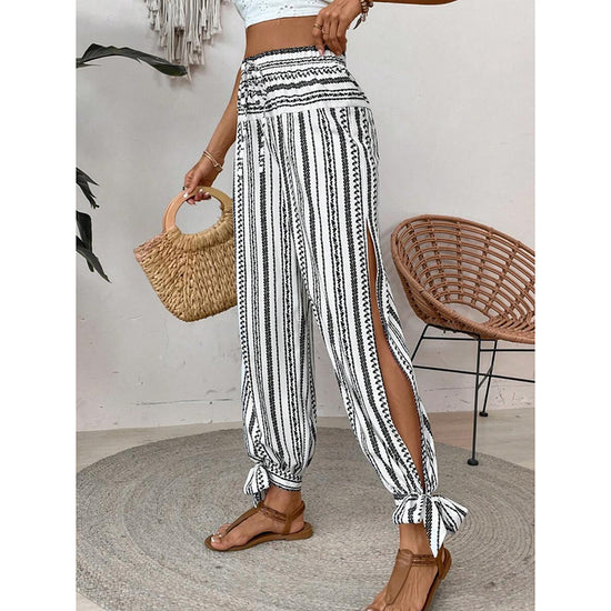 Women's Fashion Striped Long Pants Side-Slit Design Trendy Casual Trousers - Dana Fashion