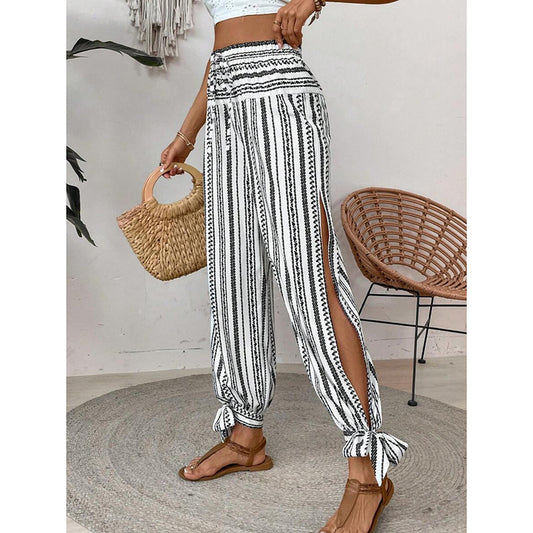 Women's Fashion Striped Long Pants Side-Slit Design Trendy Casual Trousers - Dana Fashion