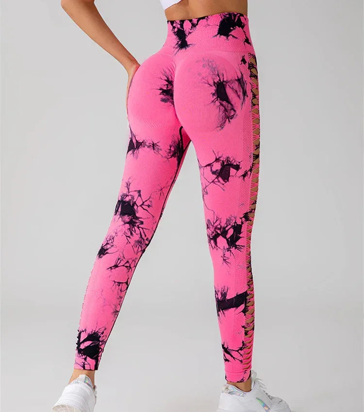 Hollow Tie Dye Printed Yoga Pants High Waist Butt Lift Seamless Sports Gym Fitness Leggings Slim Pants For Women Tight Trousers - DanaFashionstore