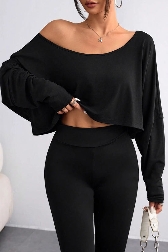 Solid Color Shoulder Long Sleeve Loose-fitting Cropped Top