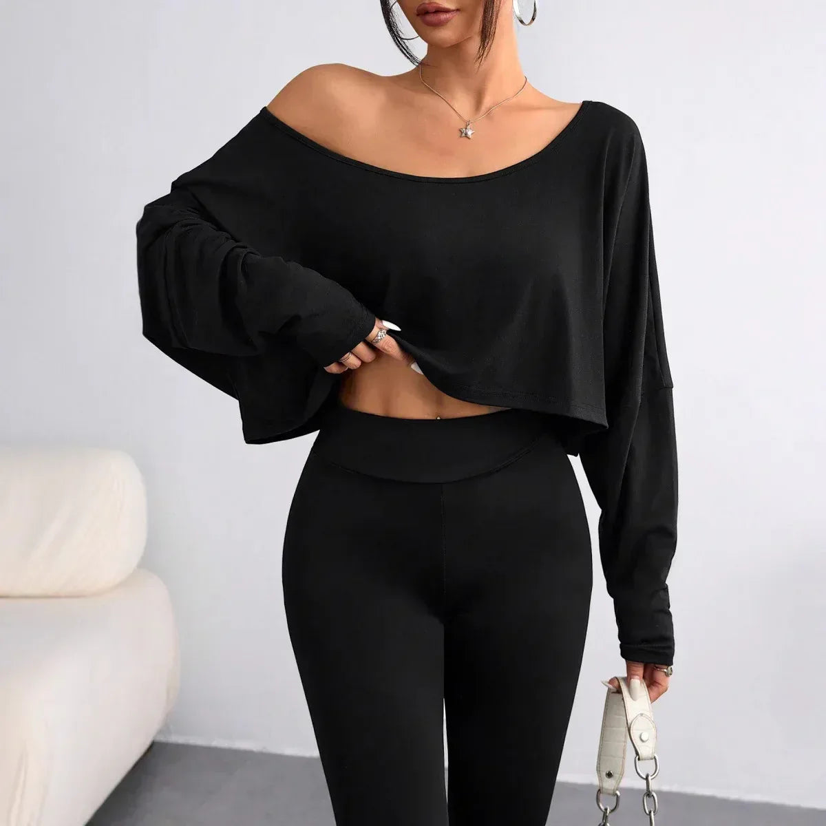 Solid Color Shoulder Long Sleeve Loose-fitting Cropped Top - DanaFashionstore