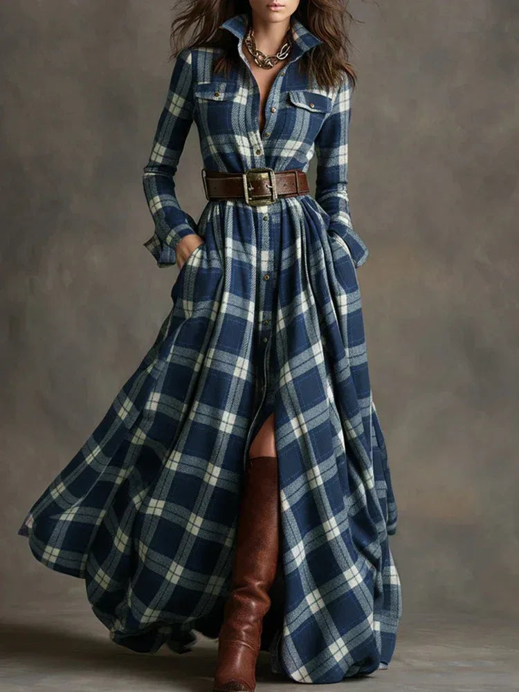 Ins Plaid Print Long-Sleeved Dress Fashion Pockets Collared Buttons Shirt Long Dresses Retro Women's Clothing - DanaFashionstore