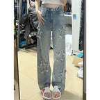 Blue XINGX Embroidered Jeans Women Loose Straight-leg Wide-leg Pants - DanaFashionstore