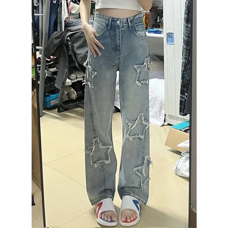 Blue XINGX Embroidered Jeans Women Loose Straight-leg Wide-leg Pants - DanaFashionstore