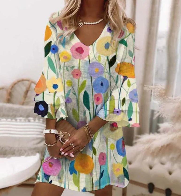 3D Digital Printed V-neck Sleeveless Dress