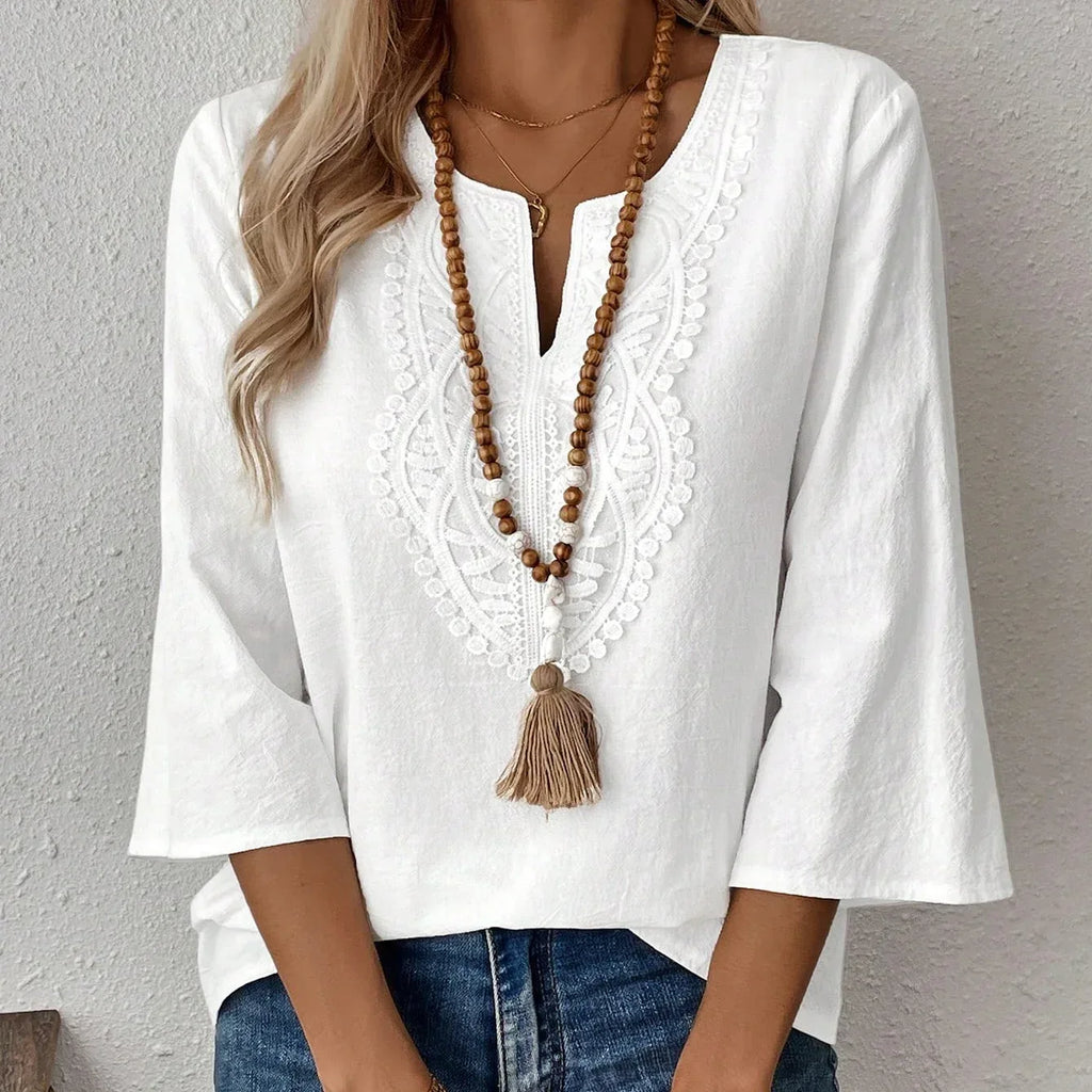 Women's Solid Color V-neck Long-sleeved Simple Casual Shirt - DanaFashionstore