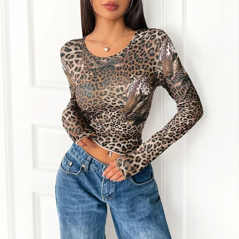 Women's Vintage Leopard Print Long-sleeved T-shirt - DanaFashionstore