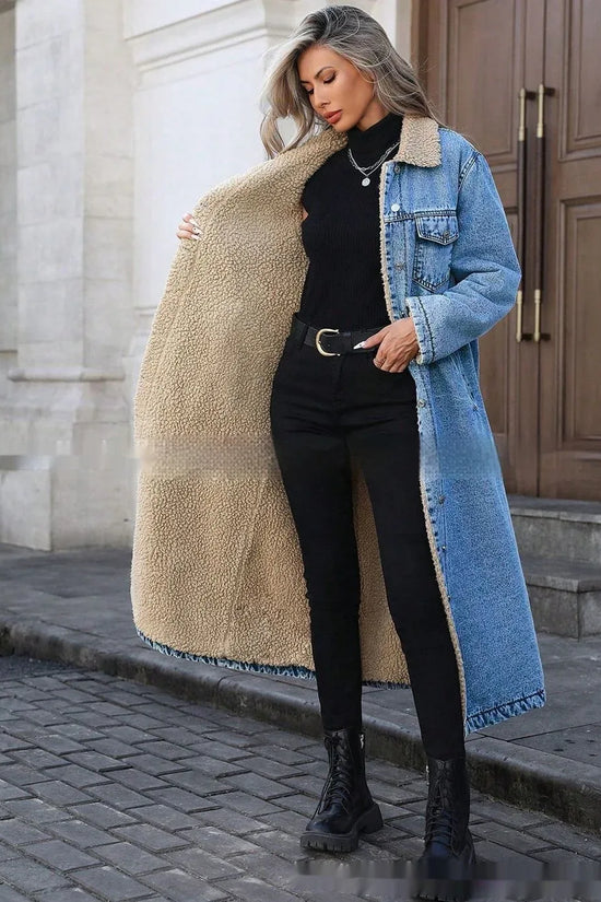 Womens Loose, Long, Fleece-lined Cotton Denim Jacket - DanaFashionstore