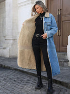 Womens Loose, Long, Fleece-lined Cotton Denim Jacket - DanaFashionstore