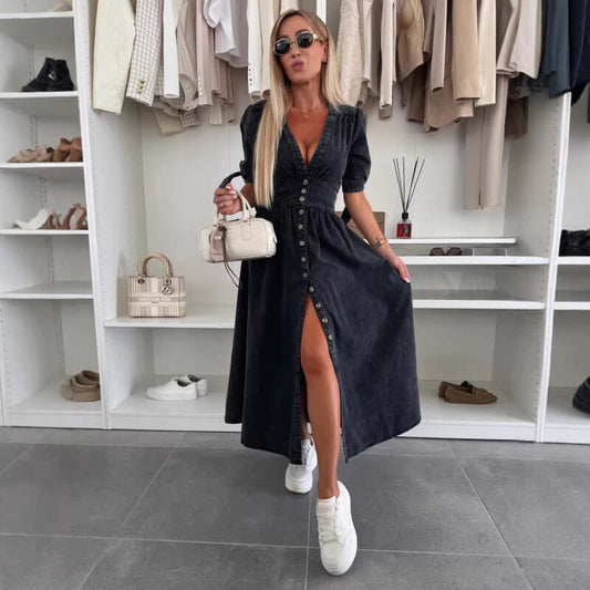 V-neck Short Sleeve Loose Denim Long Button Dress $65.90 Dana Fashion Color: Army Green Size: L Women's clothing Product information: Pattern: solid color Skirt type: denim skirt Color: blue, pink, Army Green, black, camel Waist Type: Mid waist Size: S,M,
