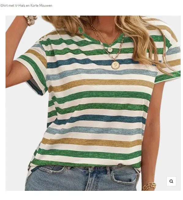 Casual Top Fashion Trend Stripes Short Sleeve Women V-neck - DanaFashionstore