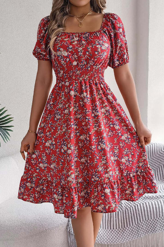 Floral Print Square Collar Dress Summer Fashion Ruffles Dresses Women's Clothing $49.99 Dana Fashion Color: Black Size: L Women's clothing Overview: Unique design, stylish and beautiful. Good material, comfortable wear. A variety of colors, any choice. Pr