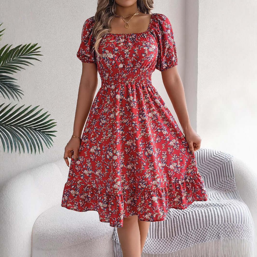 Floral Print Square Collar Dress Summer Fashion Ruffles Dresses Women's Clothing $49.99 Dana Fashion Color: Black Size: L Women's clothing Overview: Unique design, stylish and beautiful. Good material, comfortable wear. A variety of colors, any choice. Pr