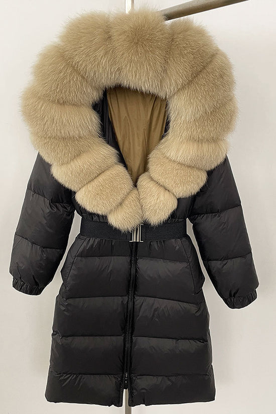Women's Long Cinched Hoodie Real Fox Fur Collar Coat