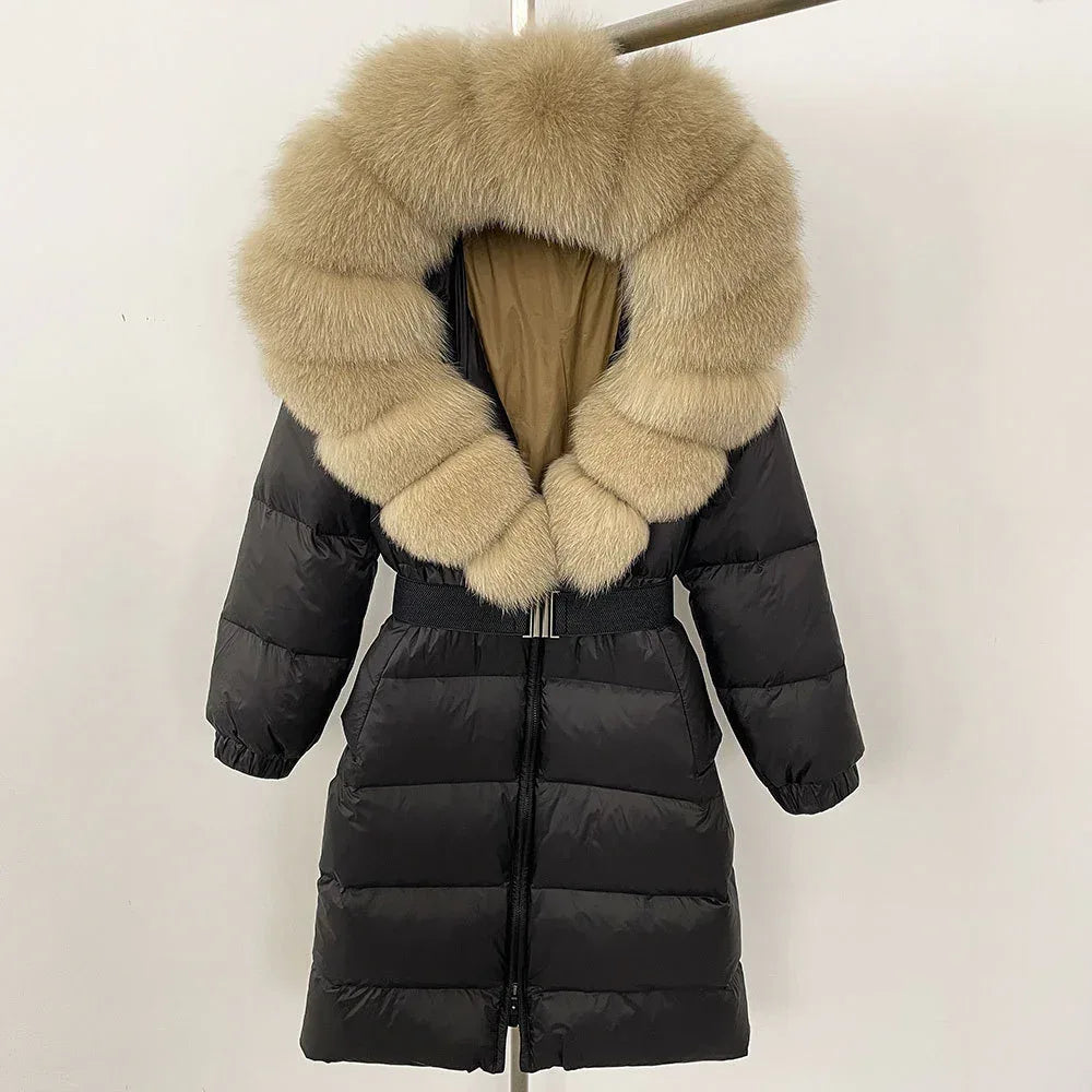 Women's Long Cinched Hoodie Real Fox Fur Collar Coat 2026 - Winter Jacket - DanaFashionstore
