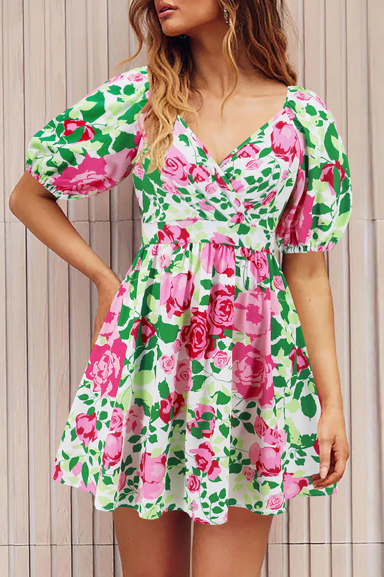 Flowers Print V-Neck Lantern-sleeve Dress Y2K Summer Vacation Beach Short Dresses Fashion Womens Clothing