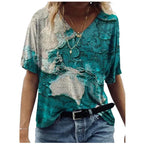 Map Print V-Neck Short-Sleeved T-Shirt - DanaFashionstore