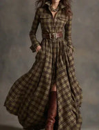 Ins Plaid Print Long-Sleeved Dress Fashion Pockets Collared Buttons Shirt Long Dresses Retro Women's Clothing - DanaFashionstore