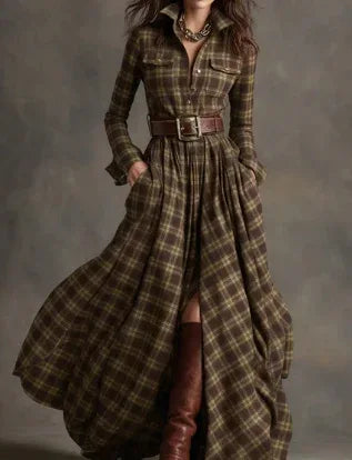 Ins Plaid Print Long-Sleeved Dress Fashion Pockets Collared Buttons Shirt Long Dresses Retro Women's Clothing - DanaFashionstore
