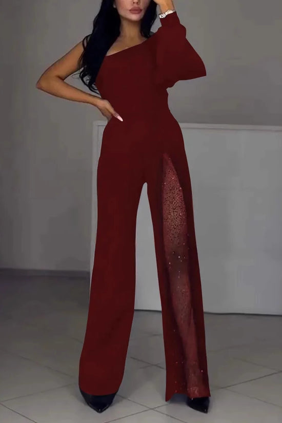Fall Winter Fashion Sexy Oblique Shoulder High Slit Women's Jumpsuit