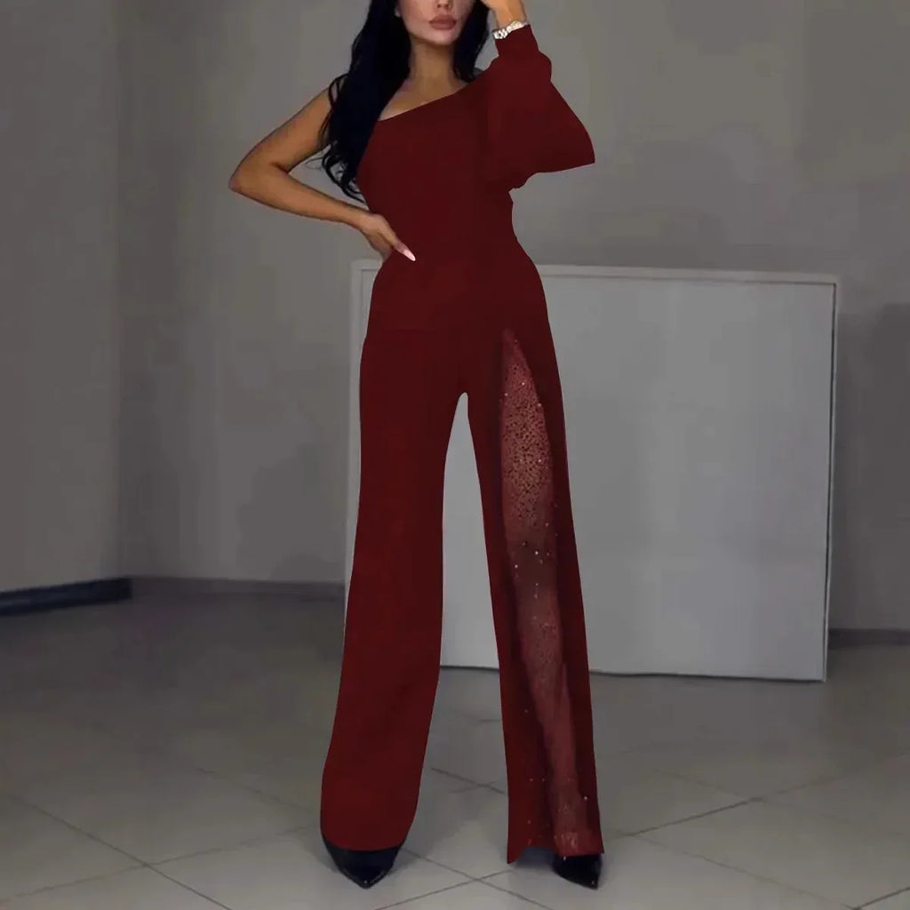 Oblique Shoulder High Slit Jumpsuit 2026 - Fall Winter Sexy Jumpsuit - DanaFashionstore
