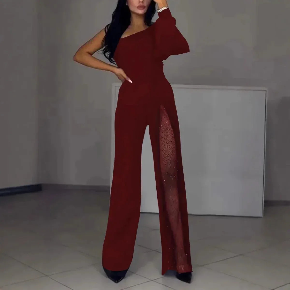 Oblique Shoulder High Slit Jumpsuit 2026 - Fall Winter Sexy Jumpsuit - DanaFashionstore