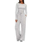 2 Pieces Women's Suit Autumn Winte Long Sleeve Tops High Waisted Wide Leg Pants Sportswear Female Clothes Solid Color Casual Suit