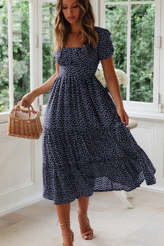 Square Collar Short Sleeve Dress Summer Puff Floral Printed Dress Long Dresses