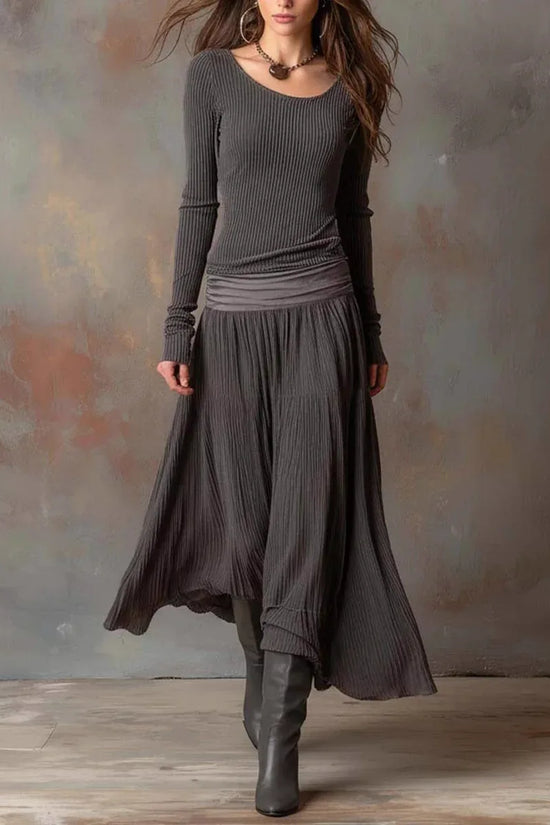 Retro Ribbed Long Dress Long Sleeve Round Neck A-line Skirt - DanaFashionstore