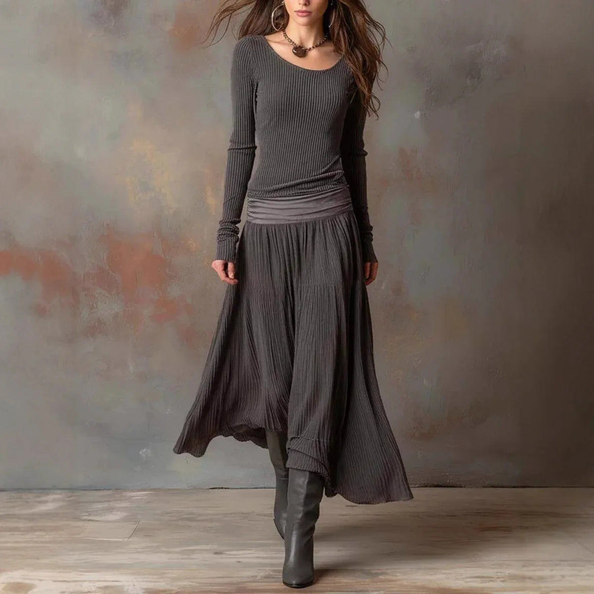 Retro Ribbed Long Dress Long Sleeve Round Neck A-line Skirt - DanaFashionstore