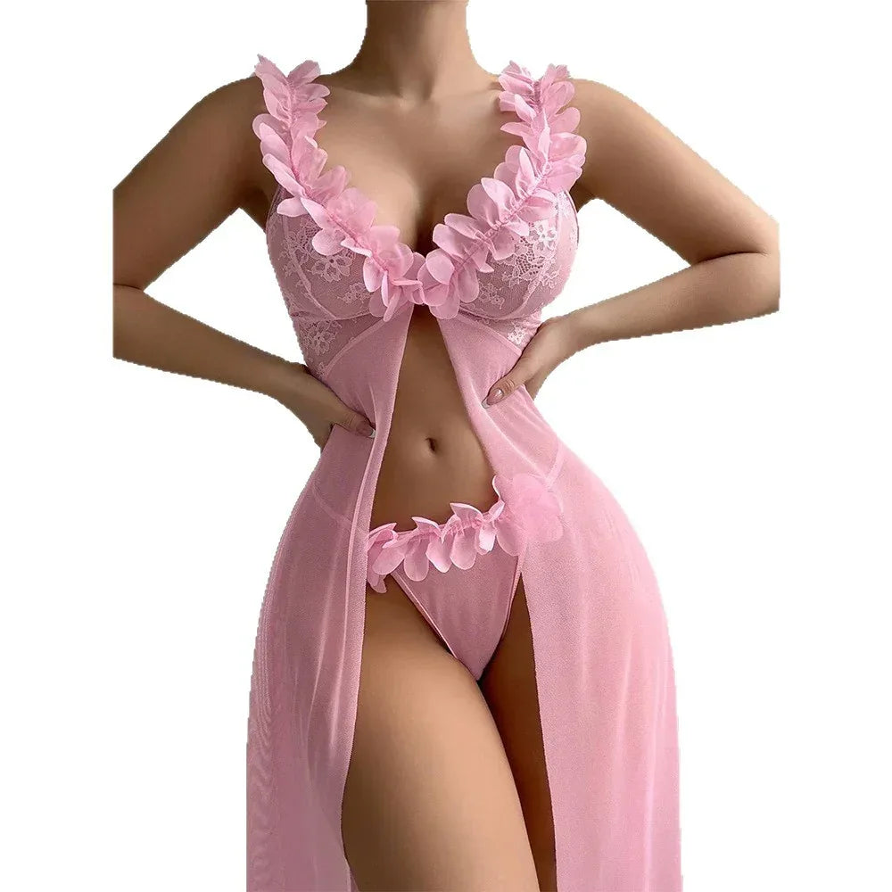 Sexy Slit See-through Suspender Skirt Long Skirt T Back Sexy Nightdress Two-piece Set - DanaFashionstore