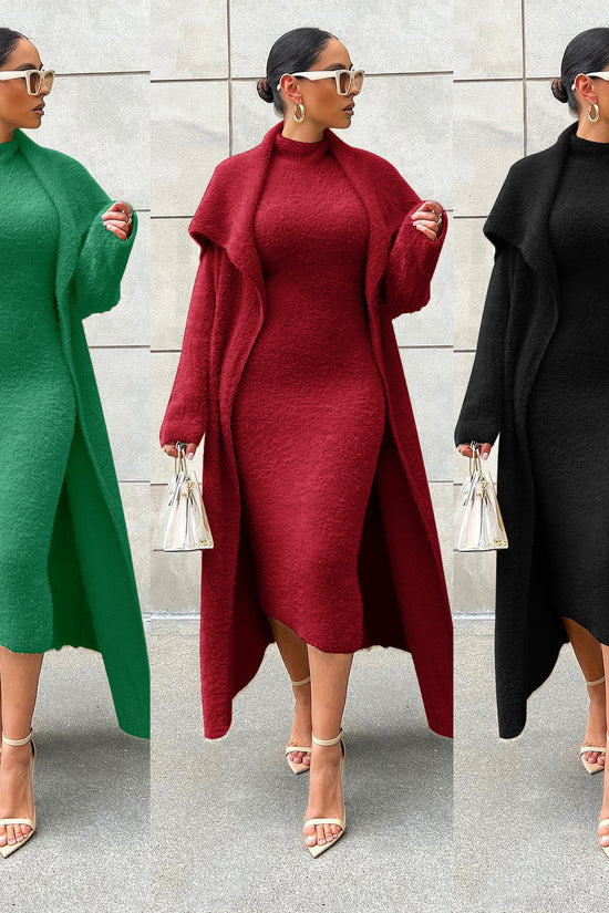 Autumn And Winter Elegant Dress Long Cardigan Velvet Two-piece Suit