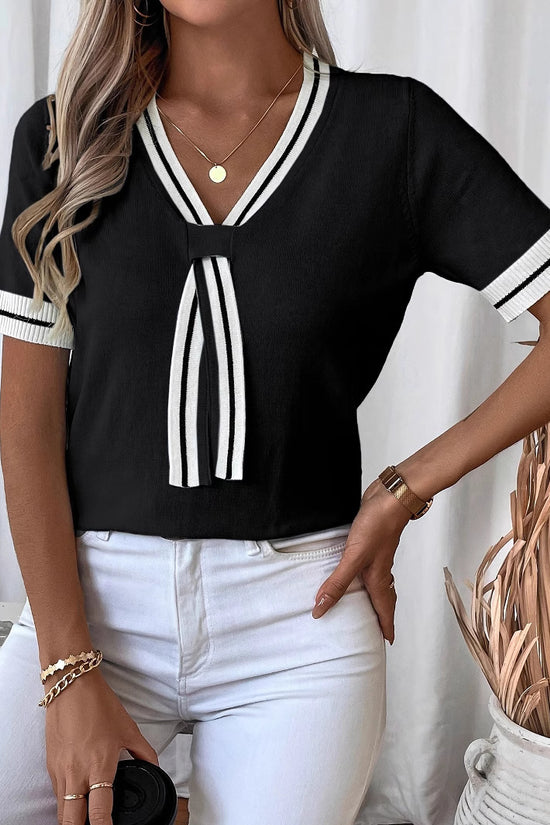 Women's Contrast Color V-neck Short Top Sweater