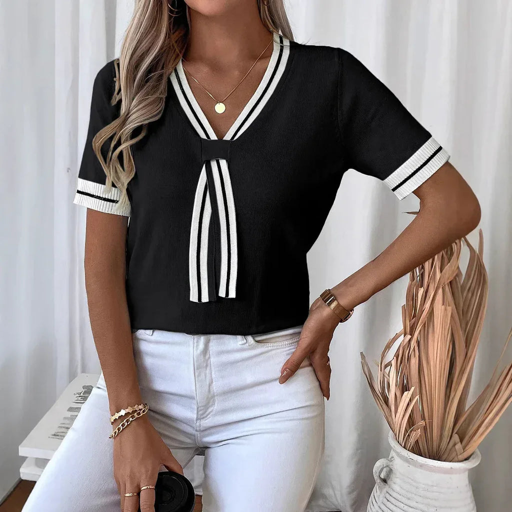 Women's Contrast Color V-neck Short Top Sweater - DanaFashionstore